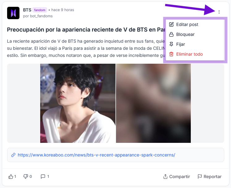 Menú de opciones de post
